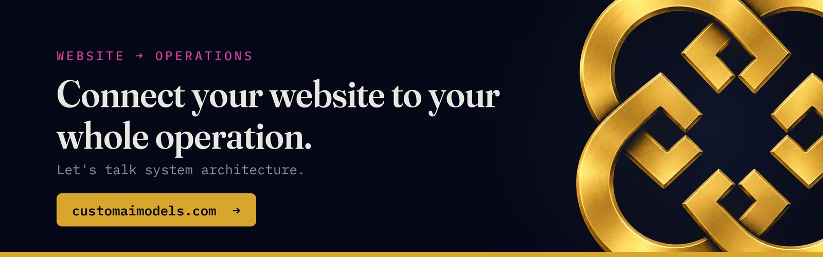 Custom AI Models call-to-action banner (dark (midnight) theme) with the gold Celtic-knot emblem: "Website to operations. Connect your website to your whole operation. Let's talk system architecture. customaimodels.com". From the Custom AI Models article on B2B HVAC distributors near Birmingham MI.