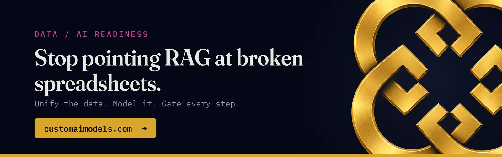 Custom AI Models call-to-action banner (dark (midnight) theme) with the gold Celtic-knot emblem: "Data / AI readiness. Stop pointing RAG at broken spreadsheets. Unify the data. Model it. Gate every step. customaimodels.com". From the Custom AI Models article on GEO vs SEO.