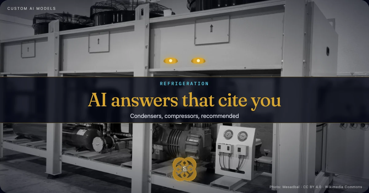 Grey photo of a commercial condensing unit with a midnight band and the gold Custom AI Models knot: "Refrigeration. AI answers that cite you. Condensers, compressors, recommended.". From the Custom AI Models article on custom AI models for operations data.