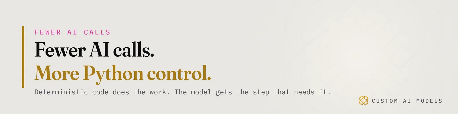 Custom AI Models banner (light (paper) theme): "Fewer AI calls. More Python control. Deterministic code does the work. The model gets the step that needs it.". From the Custom AI Models article on SaaS AI automation.